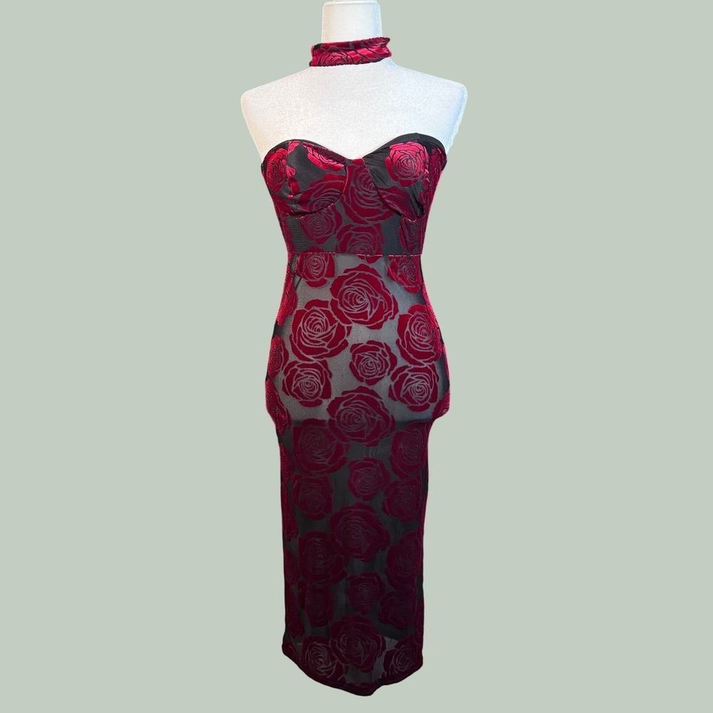 Auditions Red Velvet Rose Burnout Mesh Bodycon Dress M Black Mock Neck Cutout